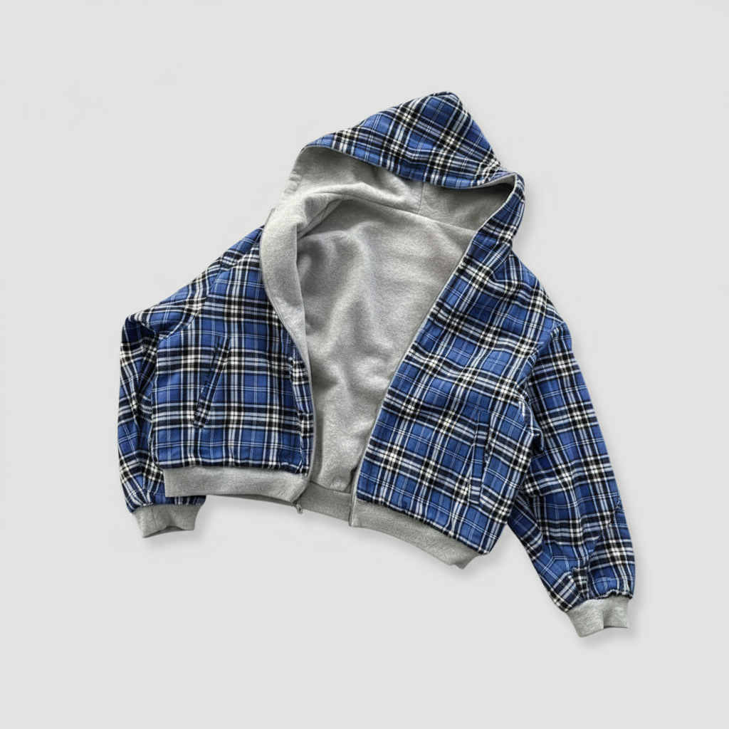 Rivara Hoodie Damen mit blauem Karo-Muster und grauen Ärmeln, Flatlay-Ansicht der Wendeseite