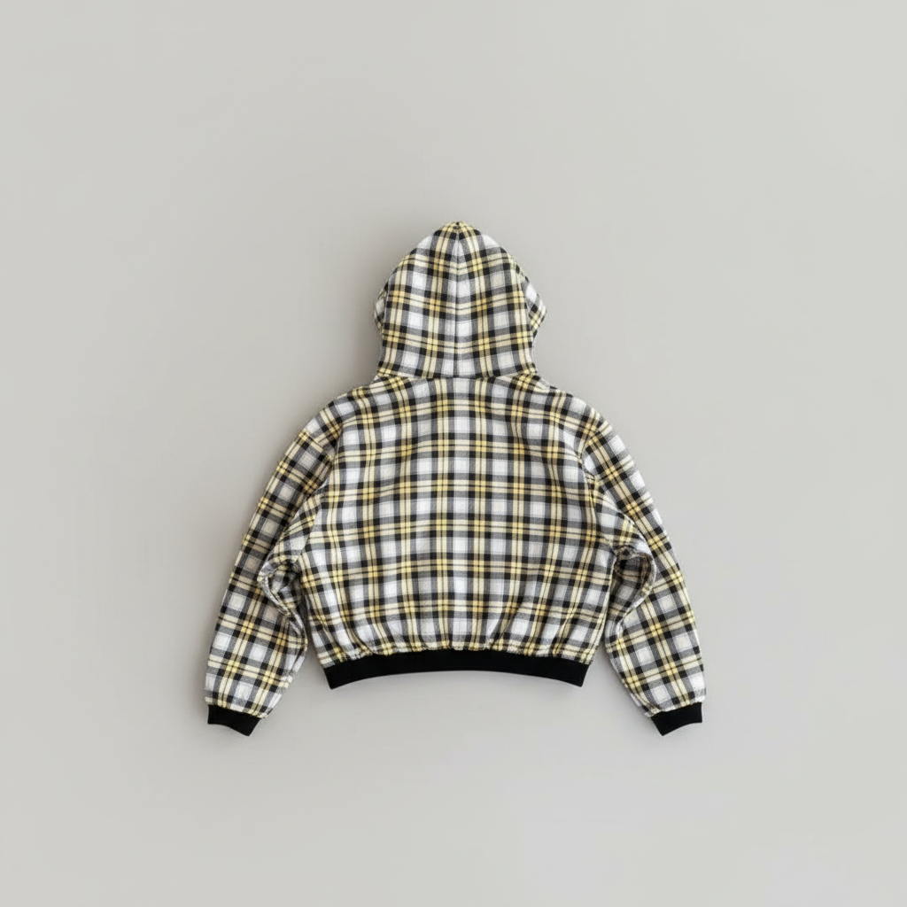 Rivara Wende-Hoodie Damen – Karo-Außenseite mit Kapuze, Flatlay-Rückansicht