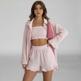 Sommer-Set Damen Rosa mit Ruffle-Shorts – Roséline von Talaine, Seitenansicht