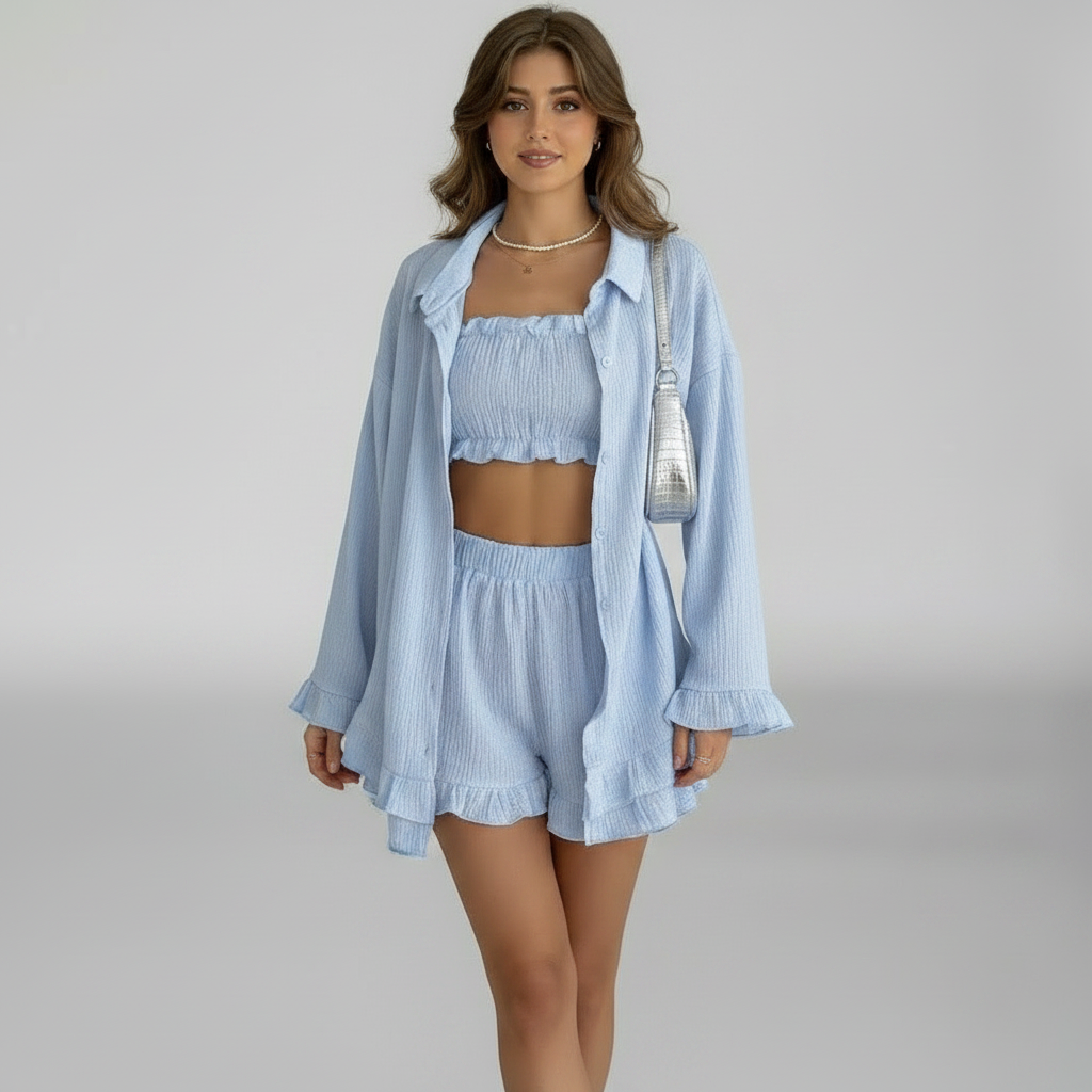 3-teiliges Lounge-Set Damen Blau mit Bluse, Bandeau-Top & Shorts – Roséline von Talaine, Vorderansicht