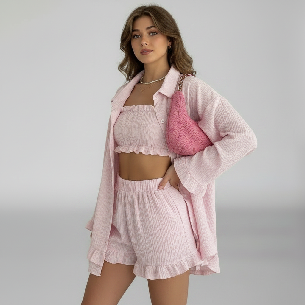 Co-Ord Set Damen Rosa mit offener Bluse & Smock-Top – Roséline von Talaine, am Model getragen