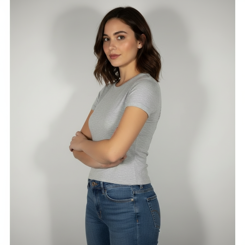 Modell in Avelisse Fitted T-Shirt – Detailaufnahme der Pailletten-Flügel