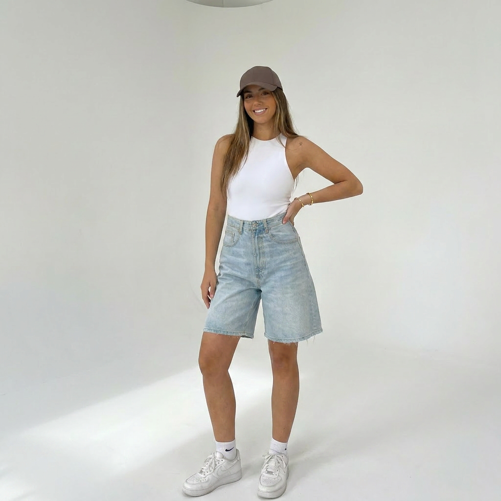 Modell trägt Novéra Denim Bermuda Shorts in Hellblau mit weißem Tank Top, brauner Cap und weißen Sneakers – Pinterest-Girl Streetstyle Look