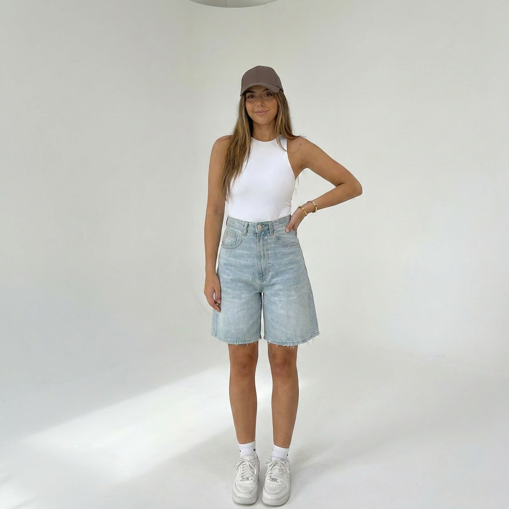 Novéra Denim Bermuda Shorts Damen – Casual Streetstyle Outfit mit Tank Top und weißen Sneakers