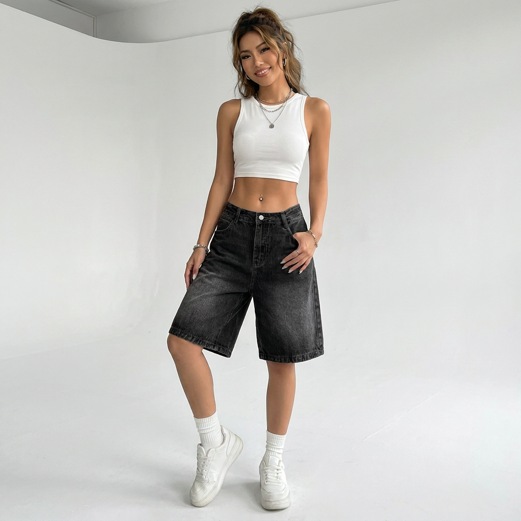 Vayla Denim Bermuda Shorts Damen in Hellblau – seitliche Ansicht des Relaxed Bermuda-Schnitts