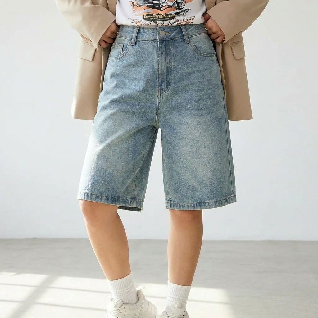 Modell trägt Vayla Denim Bermuda Shorts in Hellblau – Detailansicht des High-Waist-Schnitts mit Knopfleiste