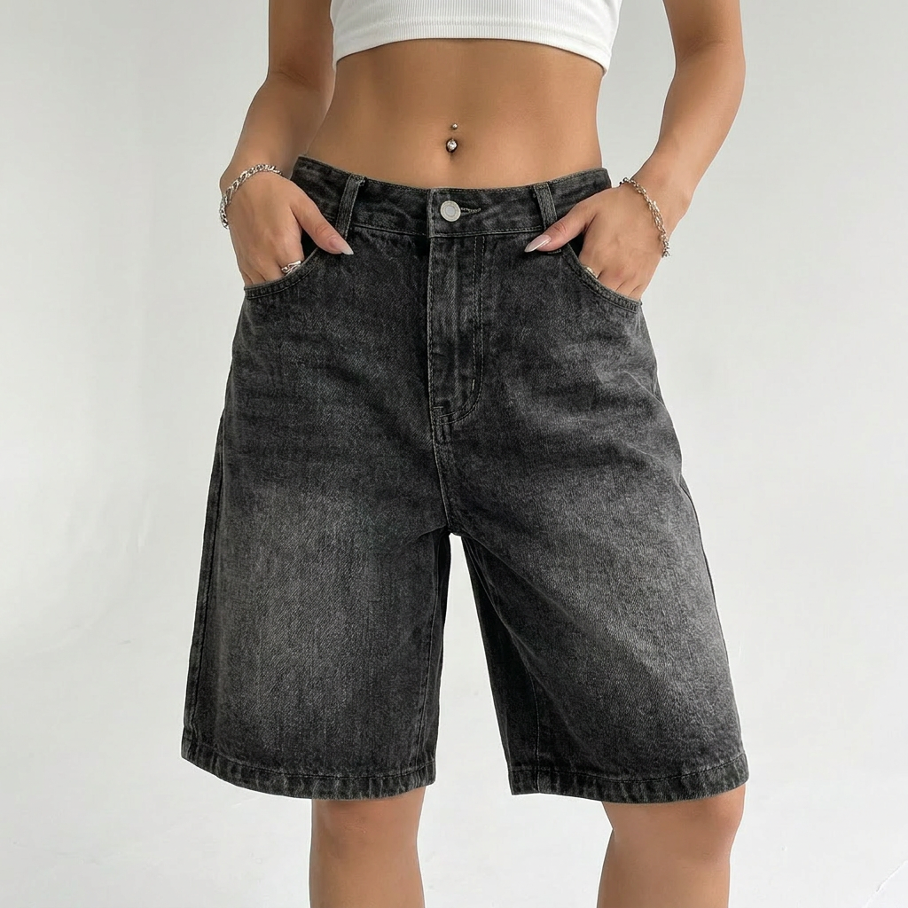 Vayla Denim Bermuda Shorts Damen in Schwarz – seitliche Ansicht mit High-Waist-Bund