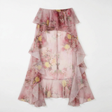 Rosalina Chiffon-Blumenrock in Rosa mit Volants und asymmetrischem High-Low-Saum