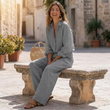 Valencia Set für Damen – luftige Bluse mit Kragen und weit fallende Hose in Leinenoptik