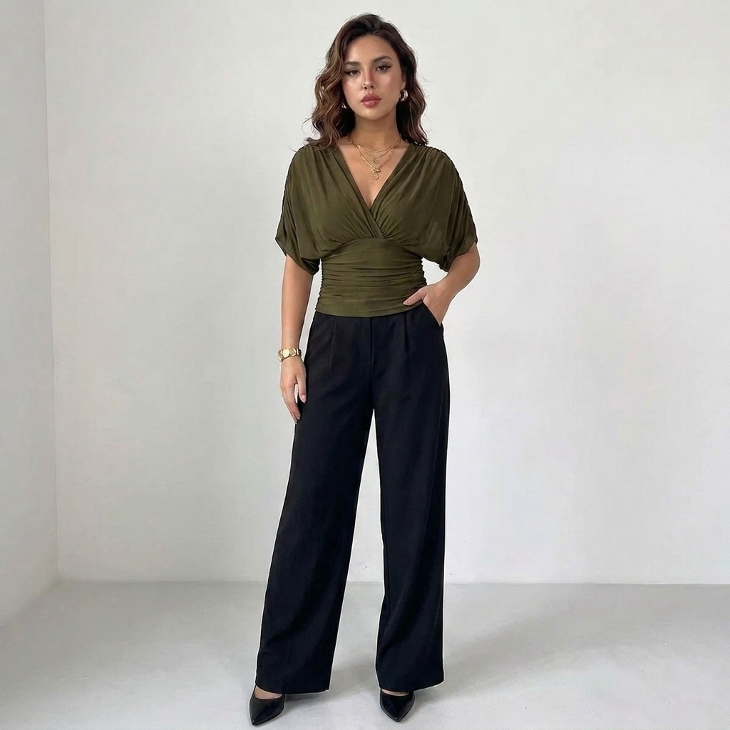 Celestine elegante Drapé-Bluse Damen am Model, Frontansicht