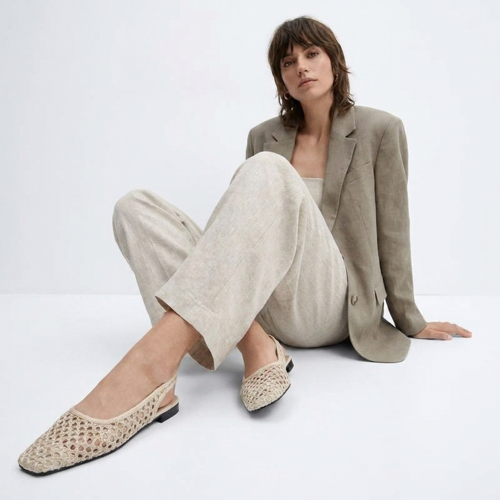 Aurelia Mesh-Slingback-Ballerinas in Beige am Model