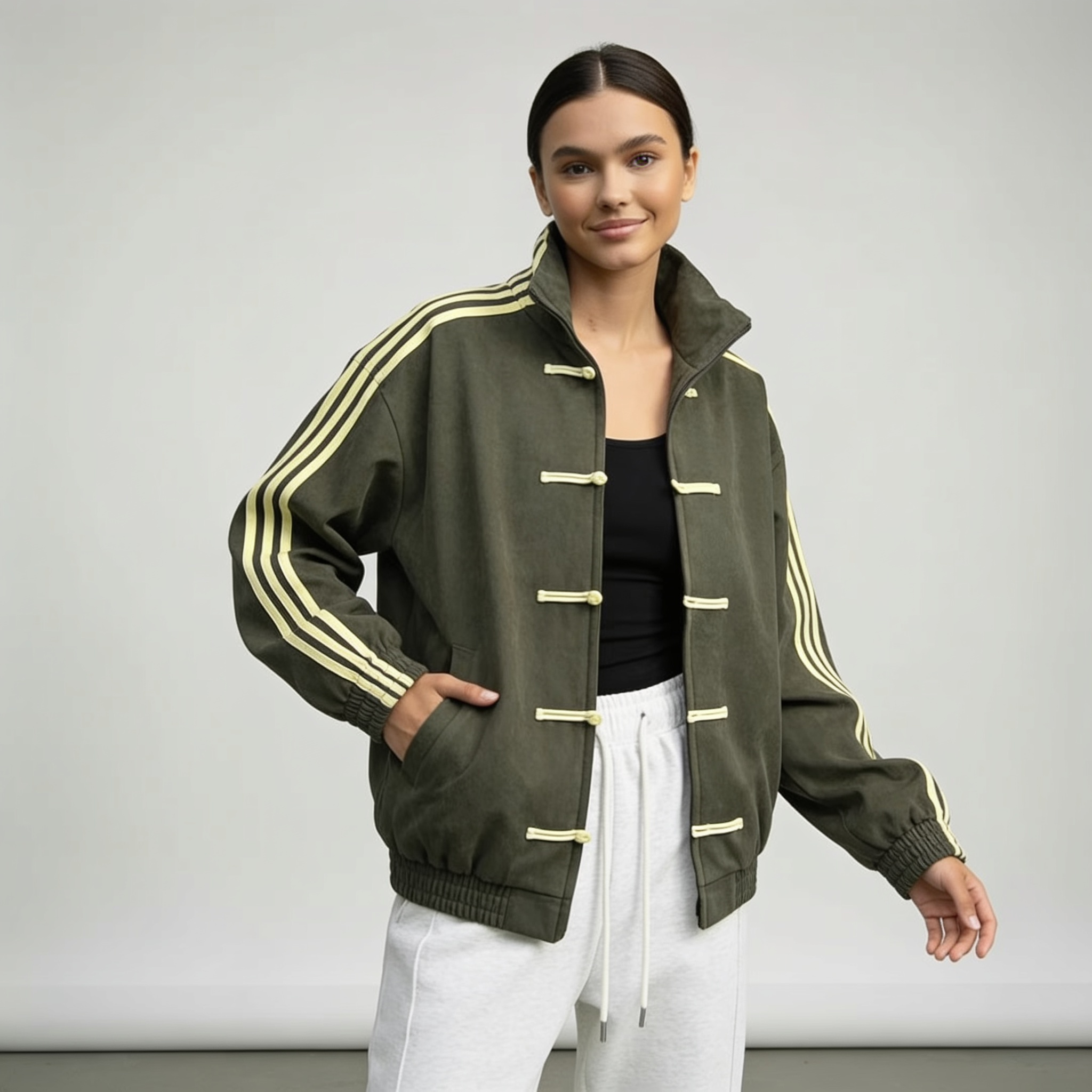 Yúmei Damen-Sportjacke – Sportjacke im Retro-Stil in Olivgrün mit Knopf- und Schlaufen-Details.
