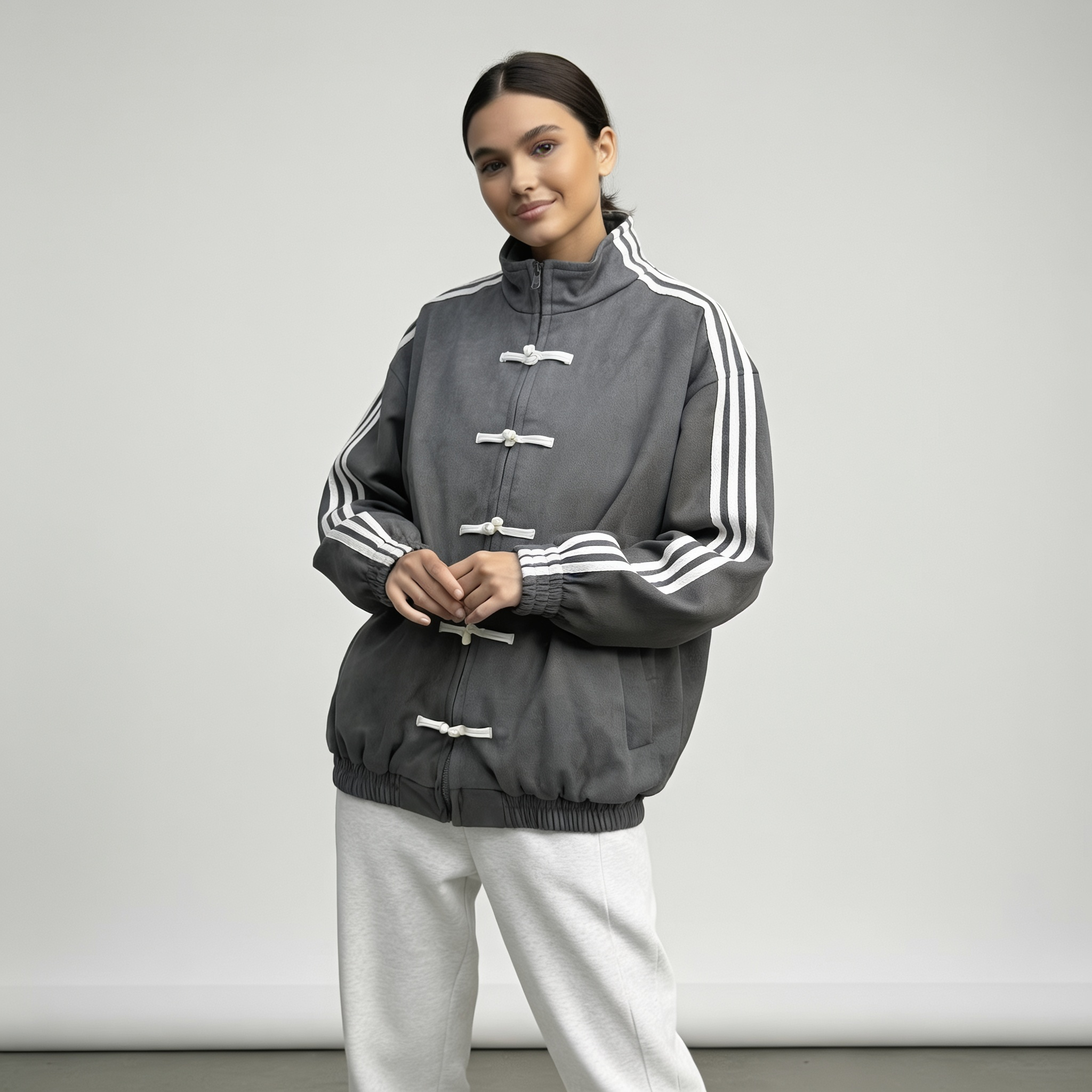 Yúmei Damen-Sportjacke – Sportjacke im Retro-Stil in Grau, mit Knopf- und Schlaufen-Details.
