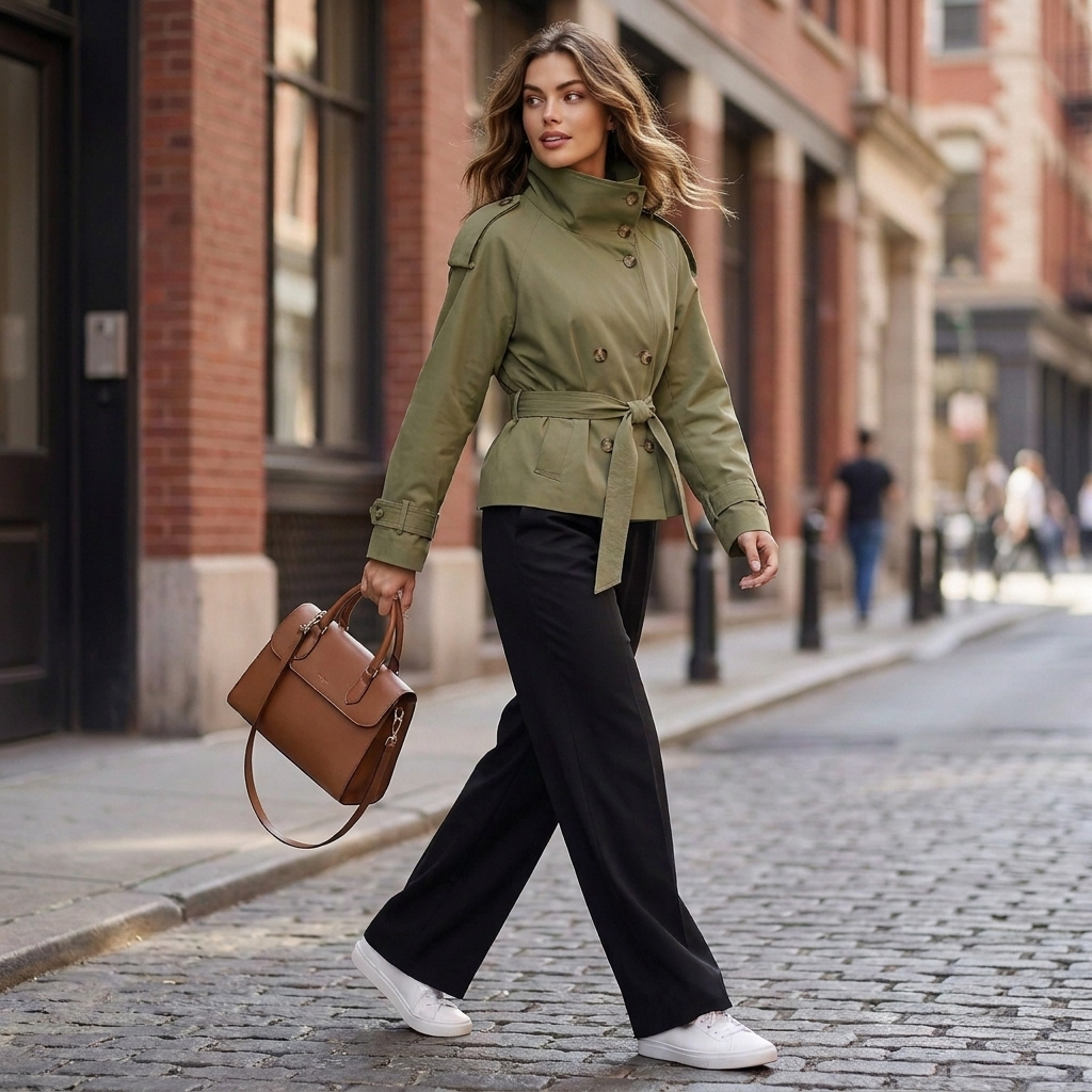 Olivgrüner Cropped Trenchcoat Damen mit Bindegürtel und Knöpfen
