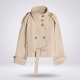 Beiger kurzer Trenchcoat Damen mit Knopfleiste und hohem Kragen