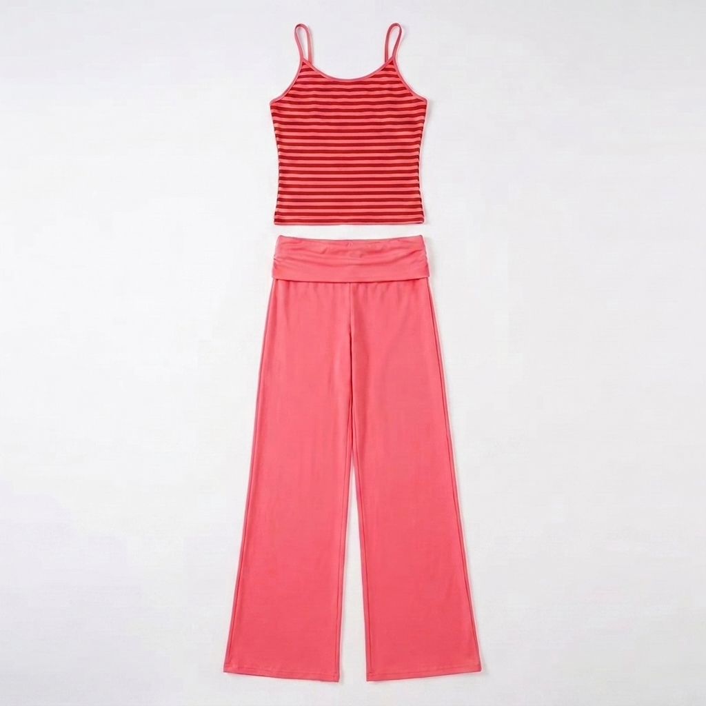 Koralle gestreiftes Zweiteiler-Set Damen Top und Wide-Leg-Hose Produktansicht