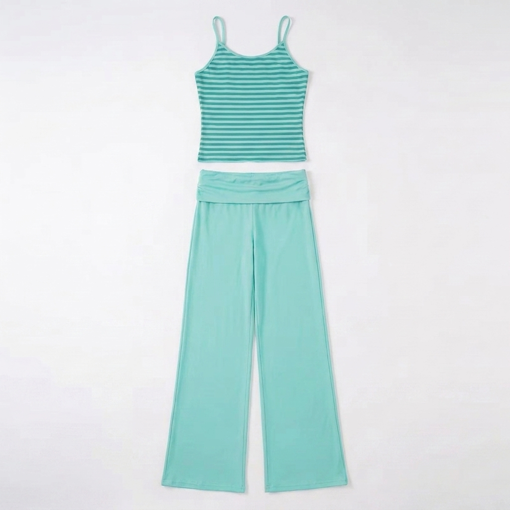 Mintgrünes gestreiftes Zweiteiler-Set Damen Top und Hose Produktansicht