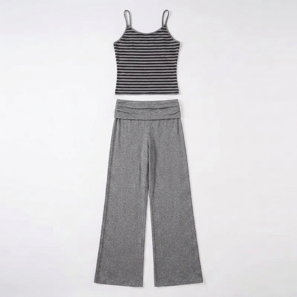 Graues gestreiftes Zweiteiler-Set Damen Top und Hose Produktansicht