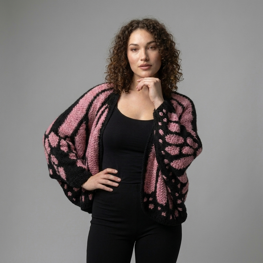 Rosa gestrickter Cardigan mit Schmetterlingsmuster über Rücken und Ärmeln