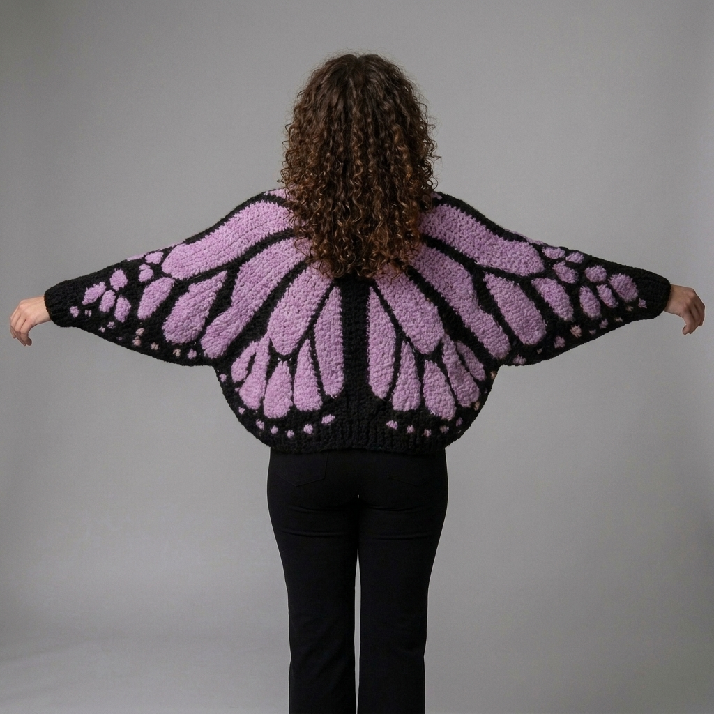 Hellblauer gestrickter Schmetterling-Cardigan mit weiten Ärmeln