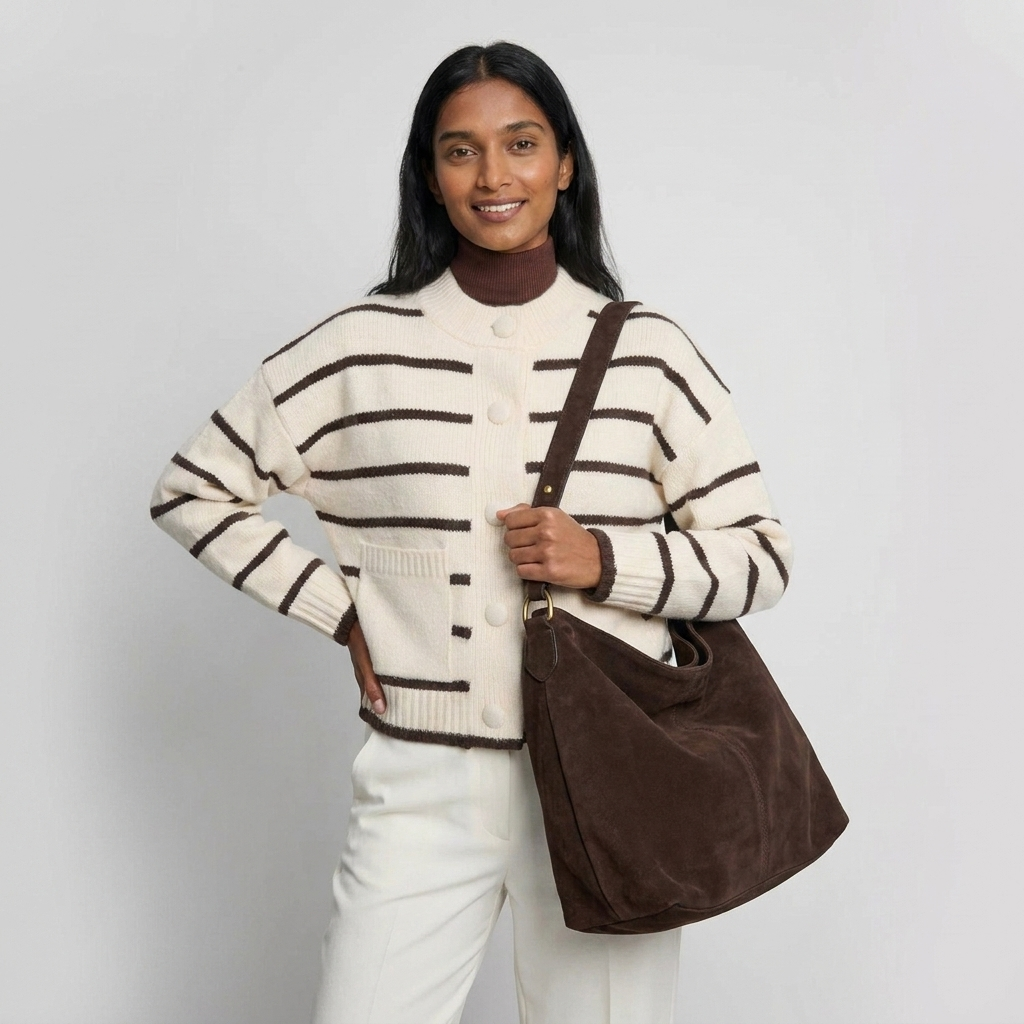 Nélia gestreifte Strickjacke in Creme von vorne getragen