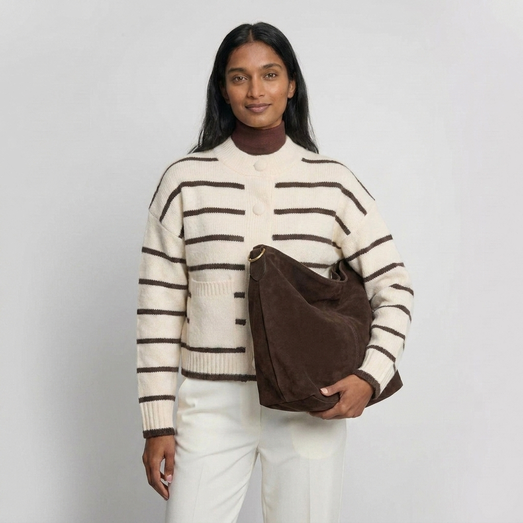 Nélia Strickweste in Creme mit Streifenmuster in der Detailansicht