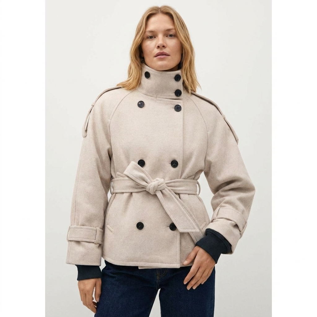 Kurzer Damen Trenchcoat mit hohem Stehkragen