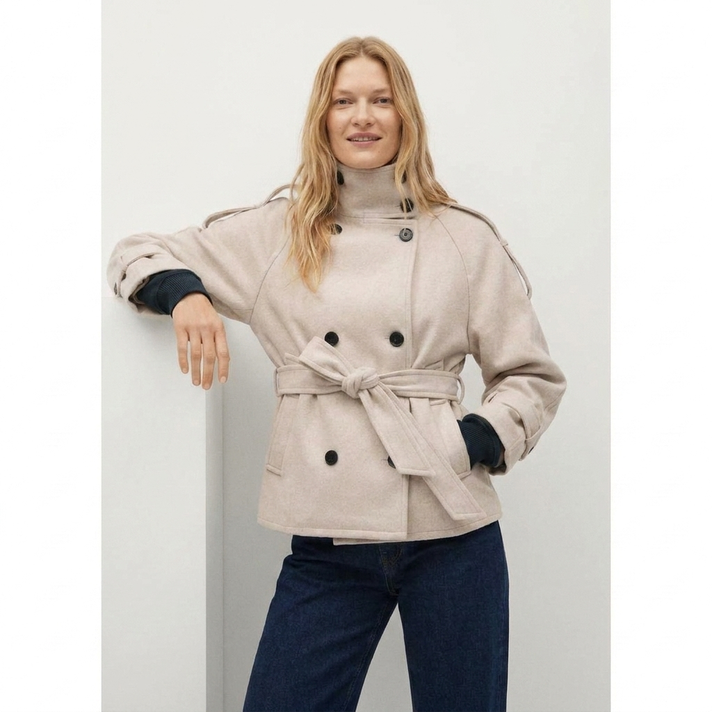 Kurzer Trenchcoat mit Bindegürtel elegant kombiniert