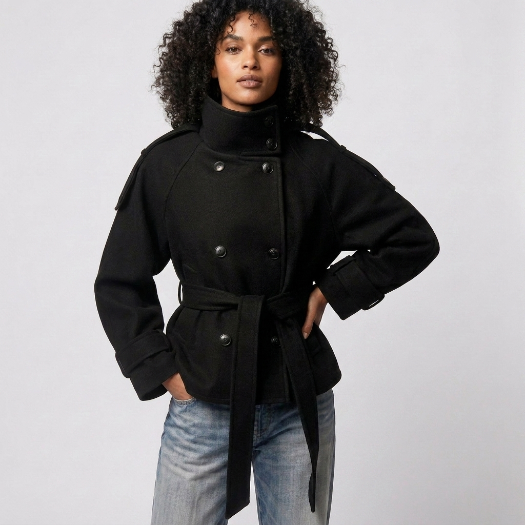 Eleganter kurzer Damen Trenchcoat mit Stehkragen