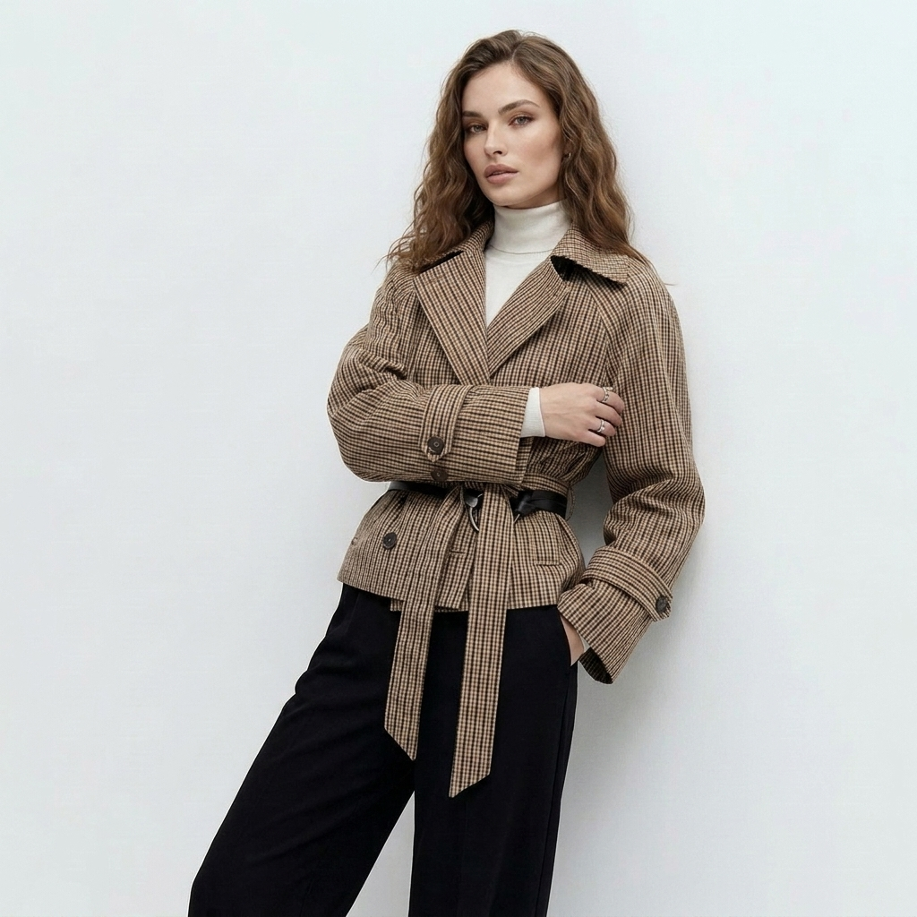 Karierte Trenchjacke Damen in Braun-Beige – Vorderansicht