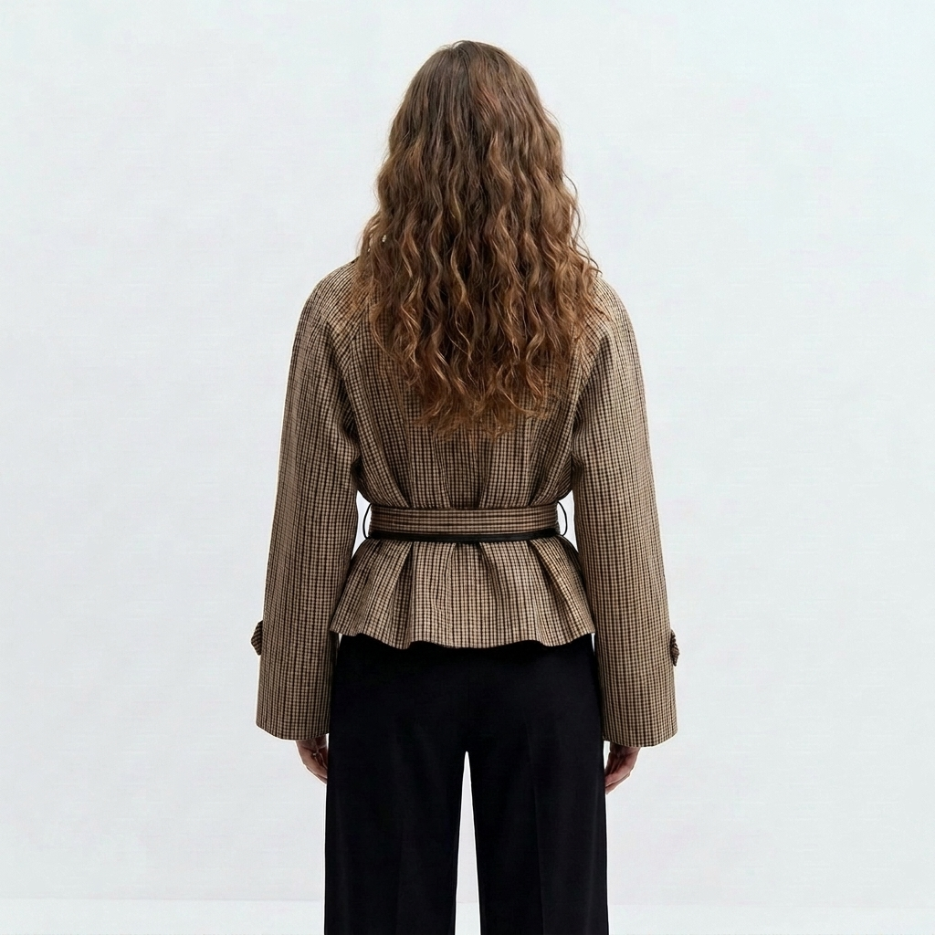 Karierter Trenchcoat Damen kurz in Braun-Beige – Detailansicht