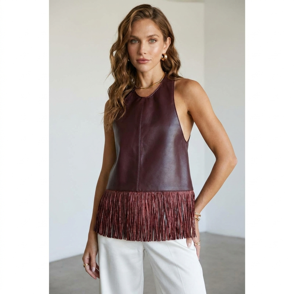 Neckholder-Top Damen aus Kunstleder mit Fransen und offenem Rücken
