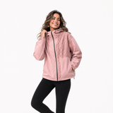 Regenjacke Damen in Rosa mit sichtbarem Leo-Print und Kapuze