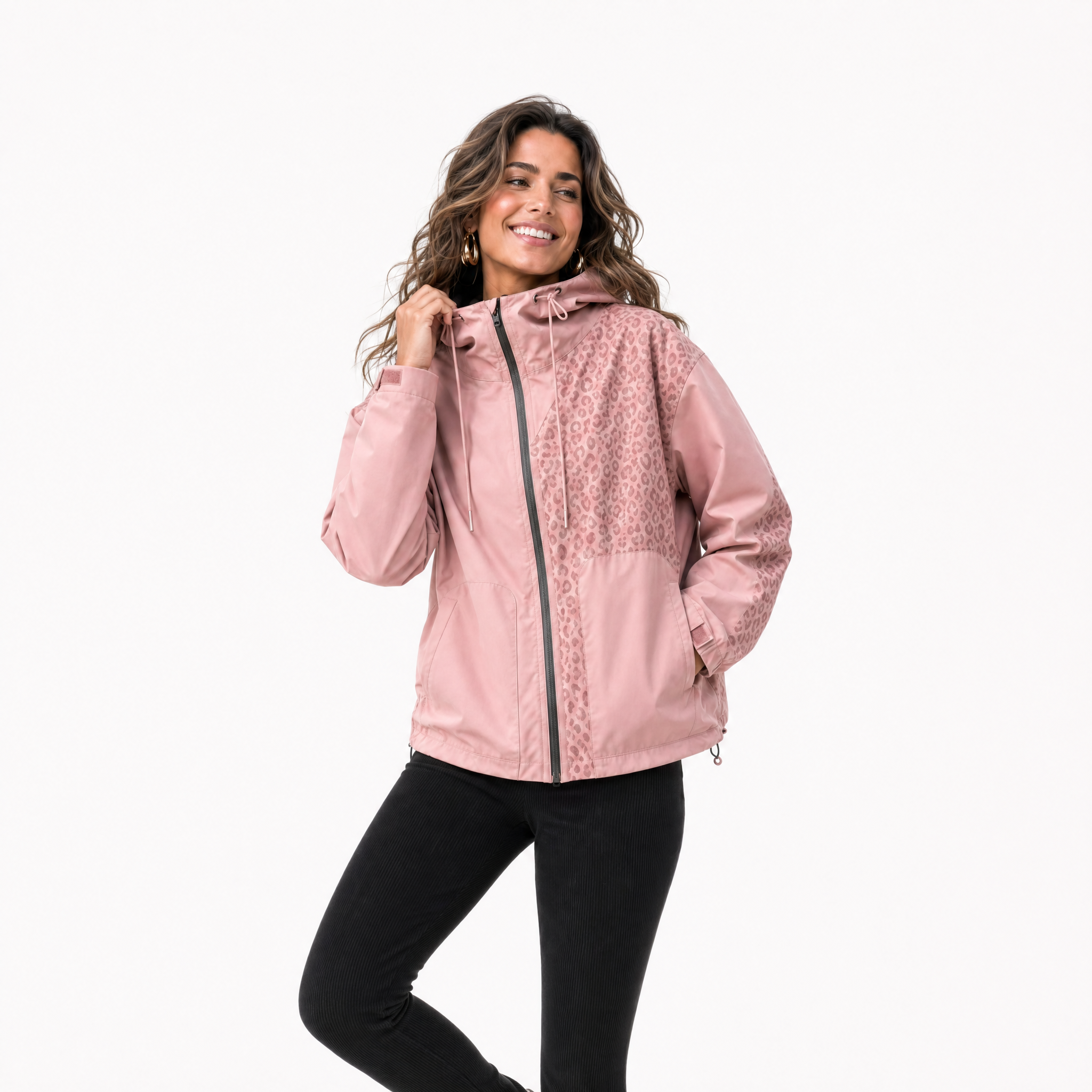 Rosa Regenjacke Damen mit verstecktem Leoparden-Print, der bei Nässe erscheint