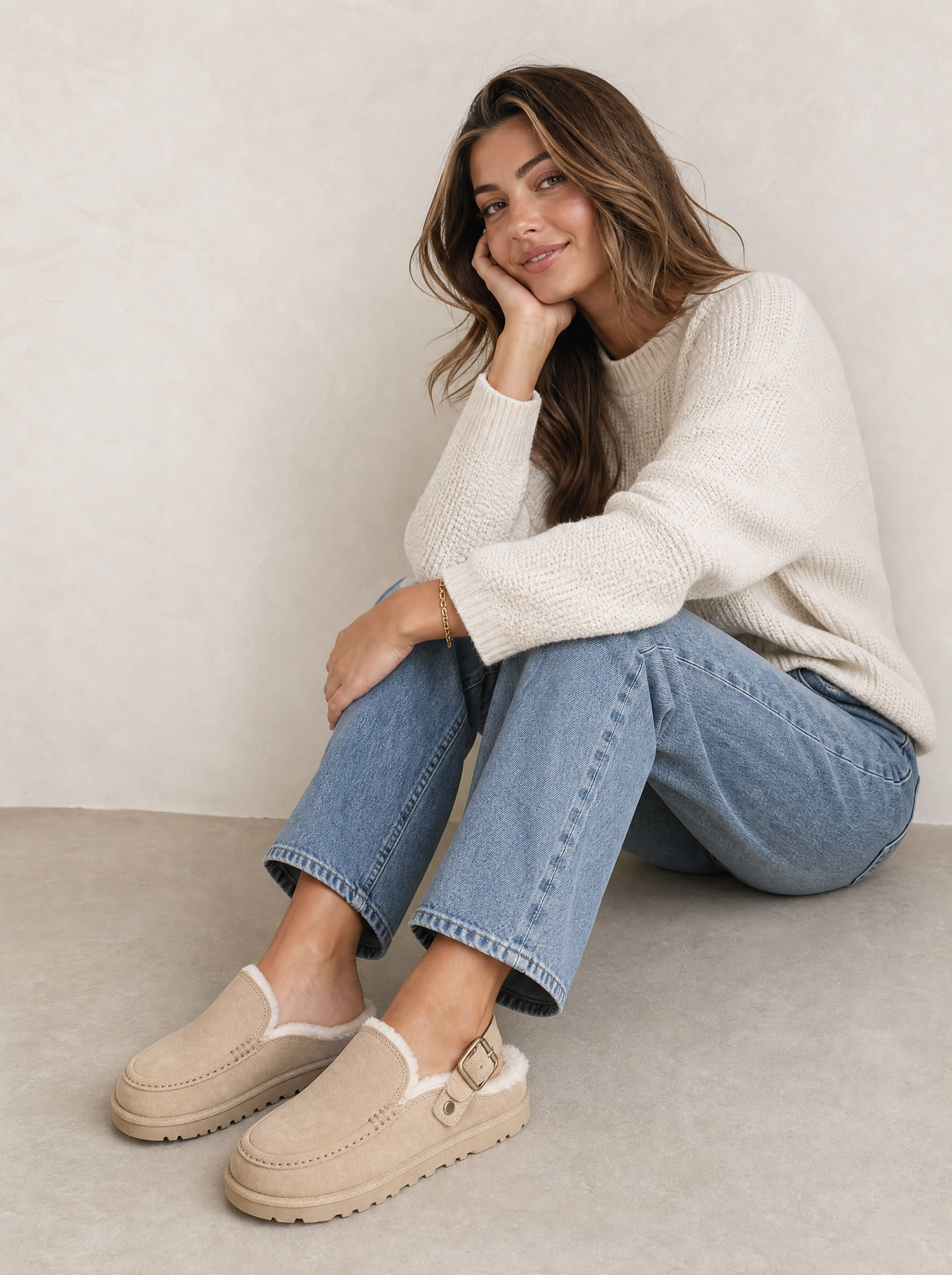 Frau in Strickpullover und Jeans trägt beige gefütterte Leder-Clogs