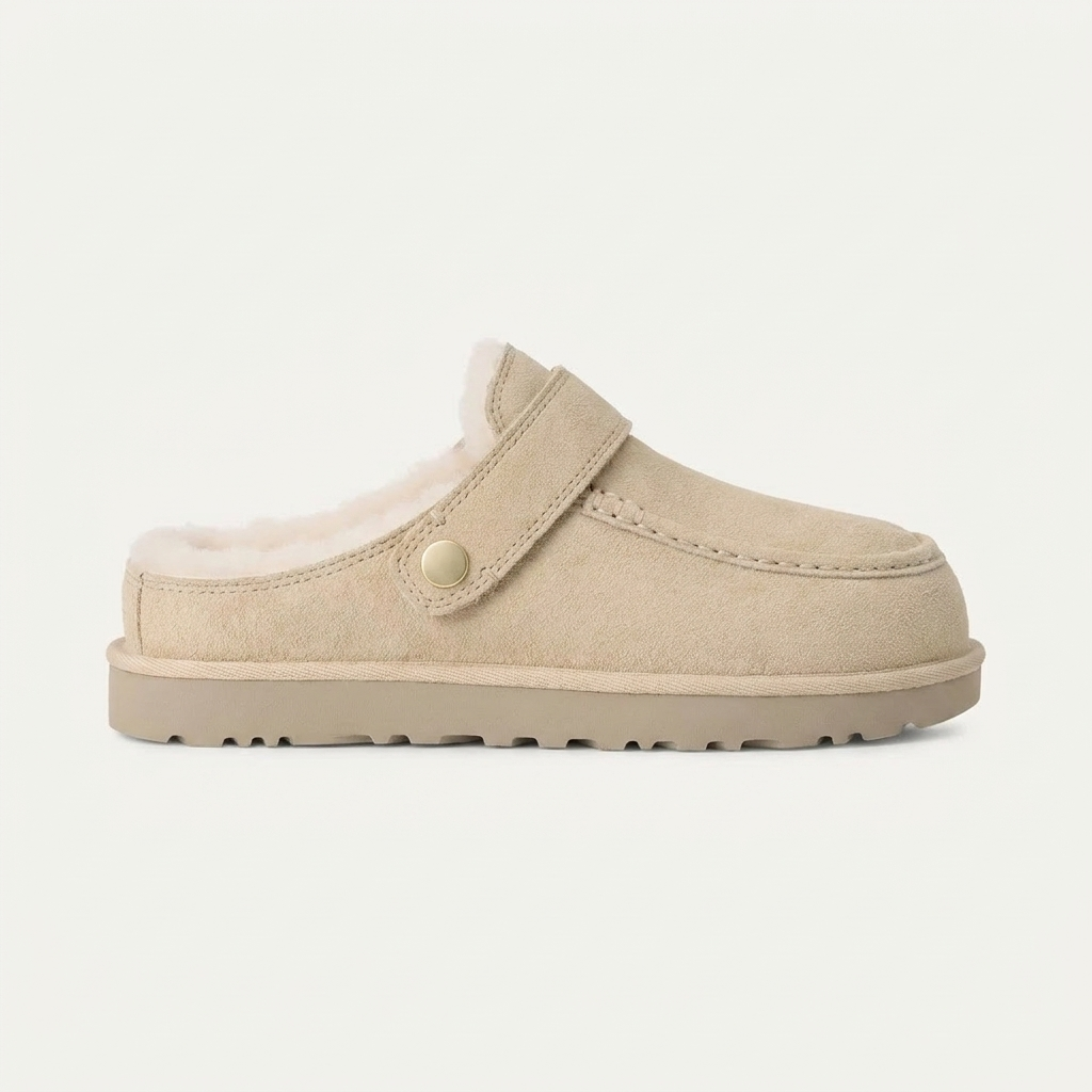 Beige gefütterte Clogs Damen mit robuster Profilsohle, Seitenansicht