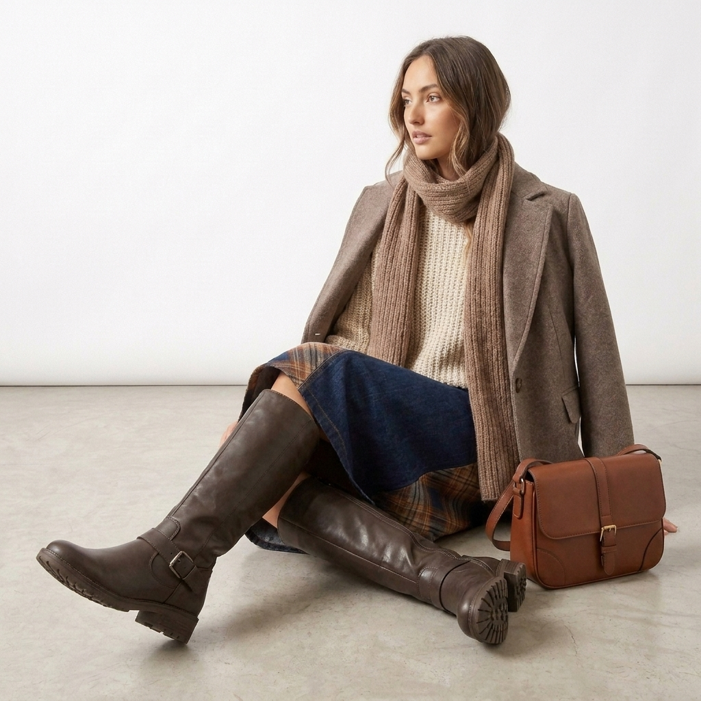 Rovena knielange Stiefel Damen mit Blockabsatz und Schnallenband