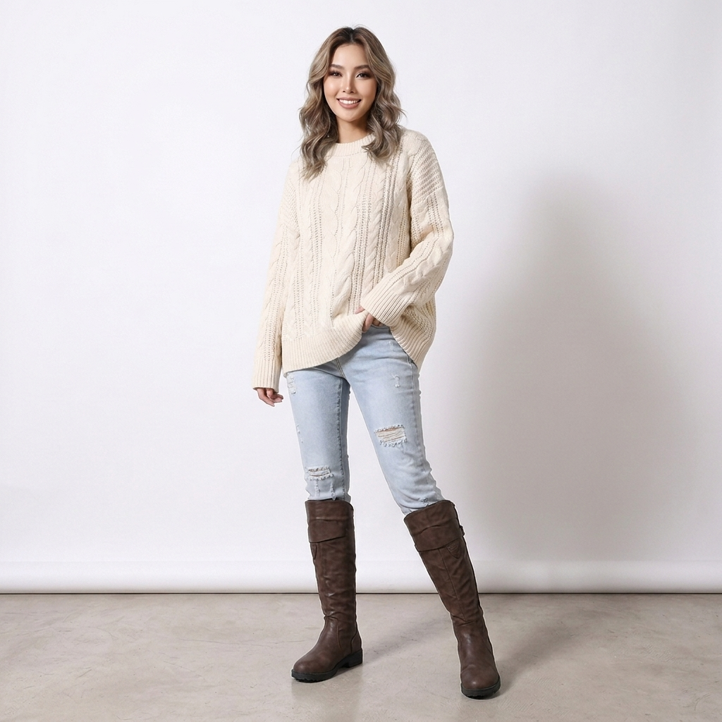 Frau trägt hohe Stiefel mit weichem Schaft zu Skinny Jeans