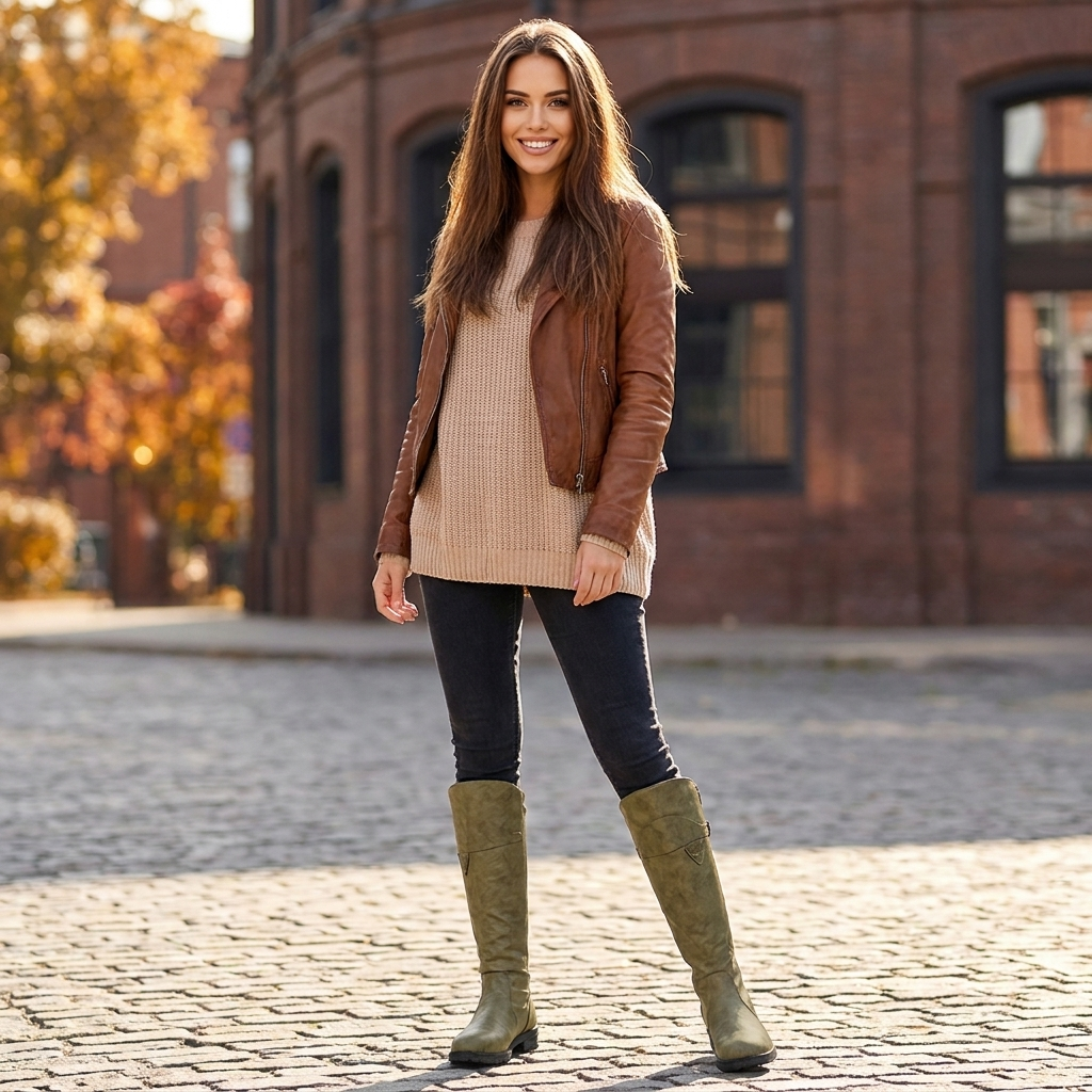Hohe Stiefel Damen mit weichem Schaft zu langem Mantel kombiniert