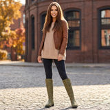Hohe Stiefel Damen mit weichem Schaft zu langem Mantel kombiniert