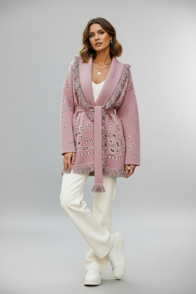 Meliora Bandana Cardigan | Warme Damen Strickjacke mit Fransen & Muster