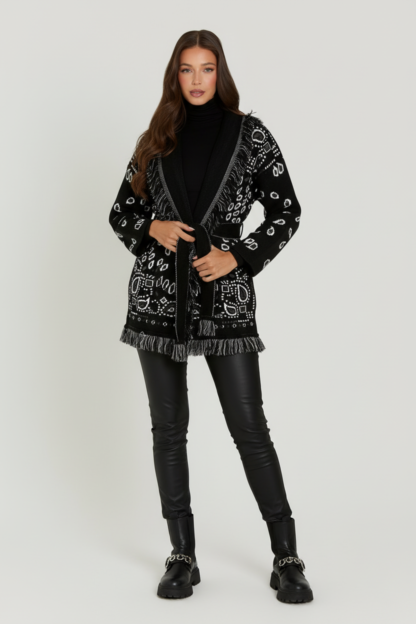 meliora cardigan schwarz mit fransen und muster