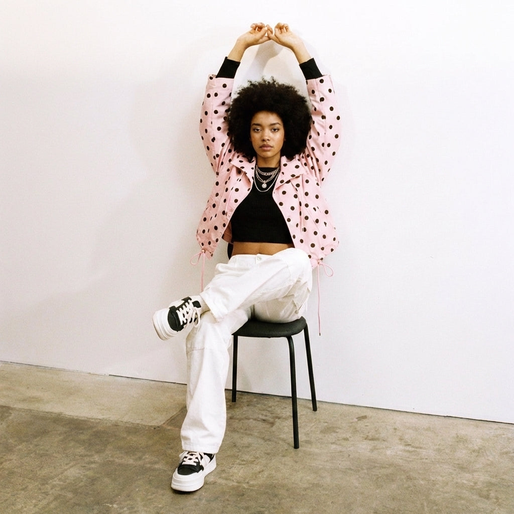 Modell in Rosalie Punkte-Jacke Rosa – weitere Streetstyle-Aufnahme im Studio