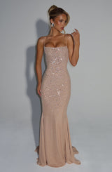nude farbenes Abendkleid mit Strass und Fishtail