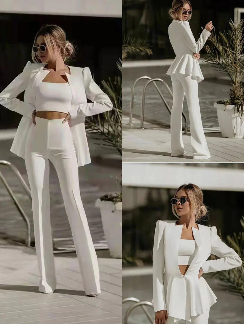 Cropped Top und Flared Hose Set Damen in Weiß