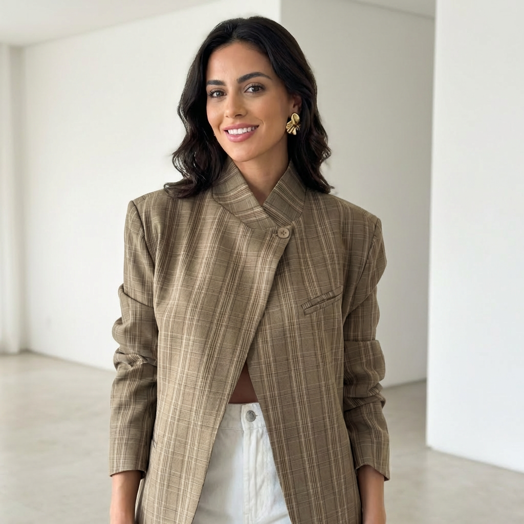 Serenelle Karo-Blazer in Braun – Detail-Flatlay mit Karomuster und minimalistischem Verschluss