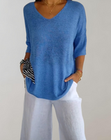 Laluna Gestrickter Top mit V-Ausschnitt in Blau