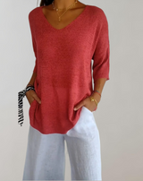 Laluna Gestrickter Top mit V-Ausschnitt in Rot