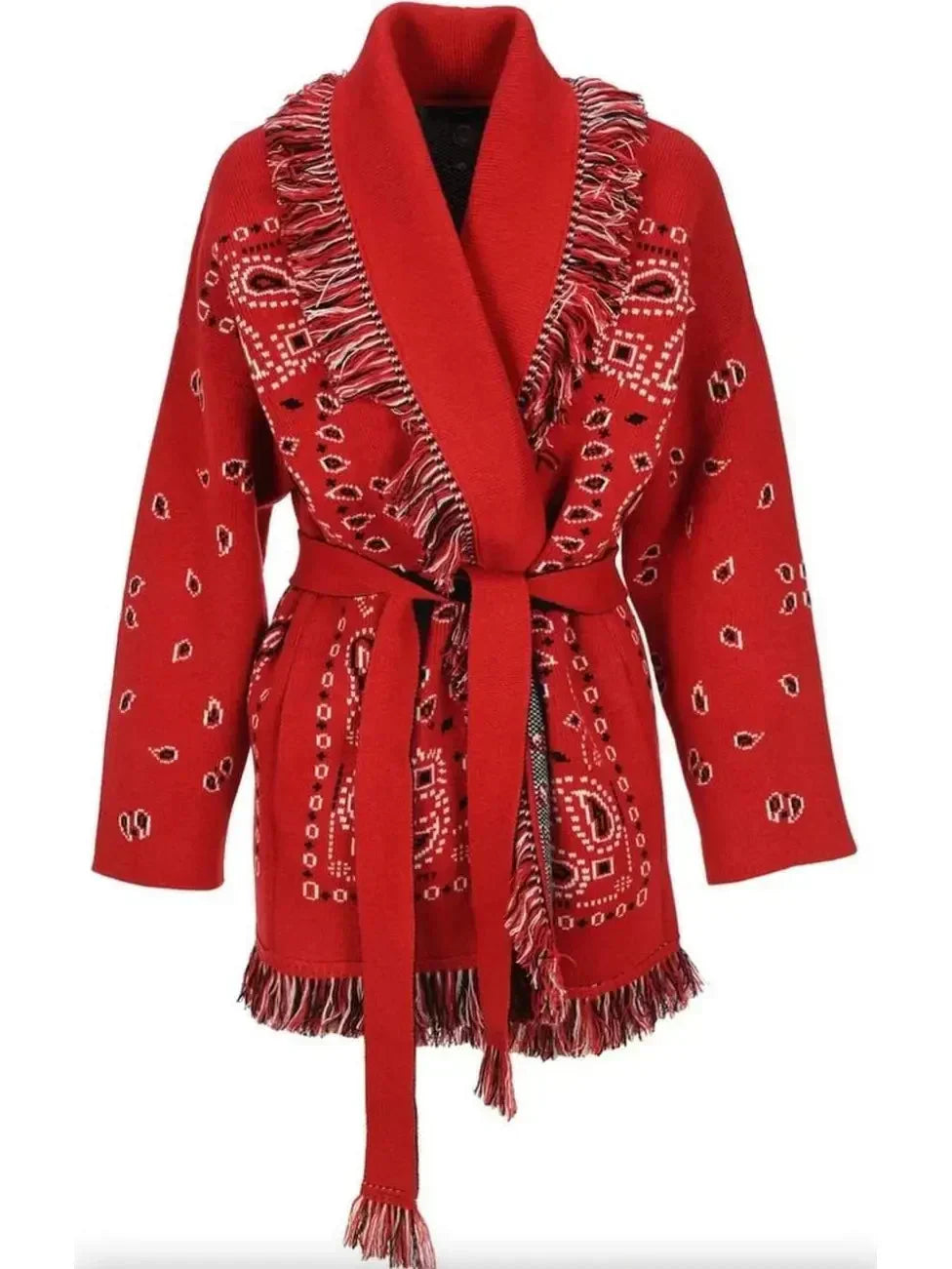 Meliora Bandana Cardigan | Warme Damen Strickjacke mit Fransen & Muster
