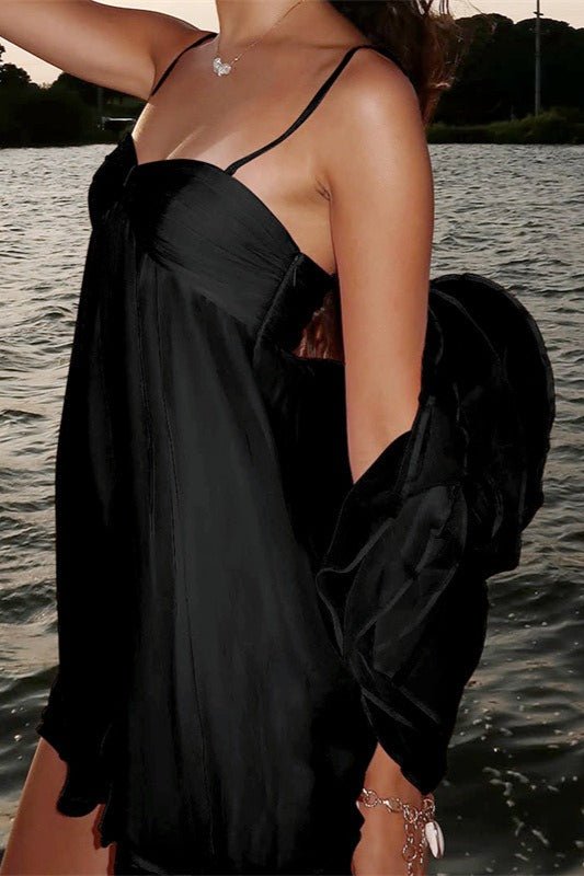 Sommerkleid Damen Schwarz Chiffon mit Spaghettiträgern – Mirella von Talaine, Ganzkörperansicht